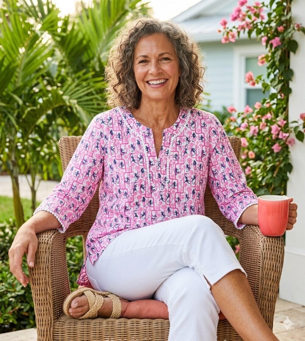 Talbots Monkey Print Tunic Cotton Blouse Novelty Pink Palm Beach Resort Large L